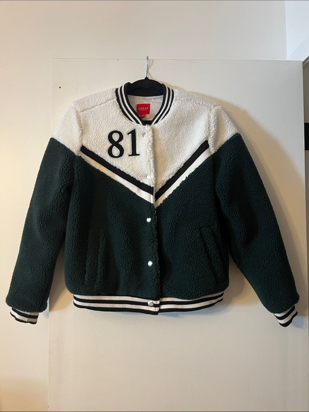 Guess Green & Cream Sherpa Varsity Jacket with 81 Patch